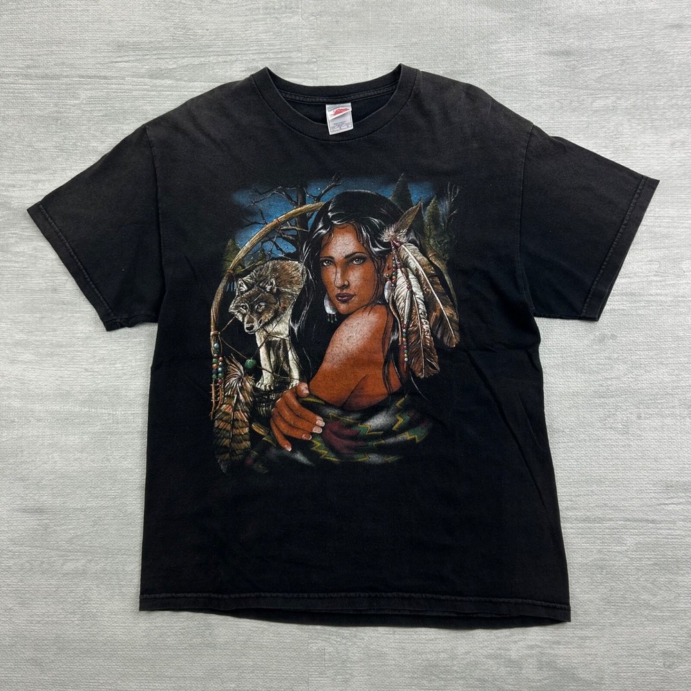 Vintage Y2K Native American Wolf Shirt Size Large Black Outdoor Nature